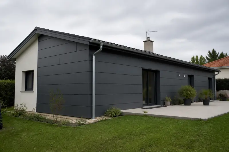 Façade de pavillon en plaques fibres-ciment gris foncé avec fenêtres blanches